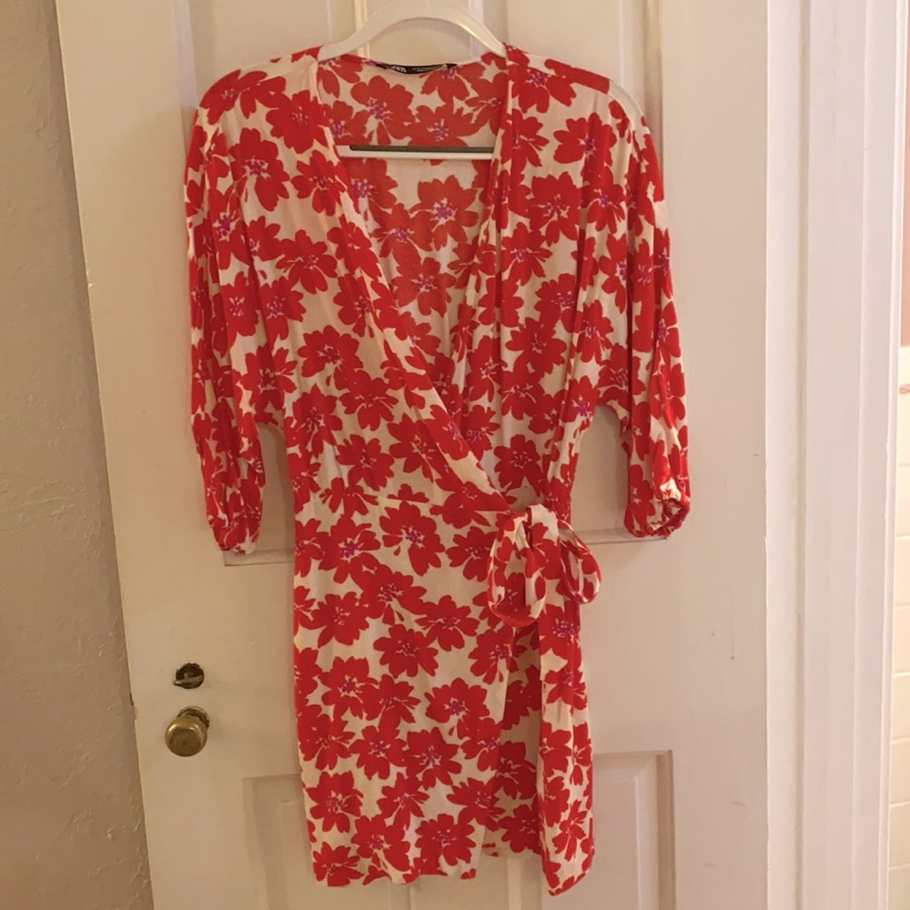 Red Floral Wrap Mini Dress